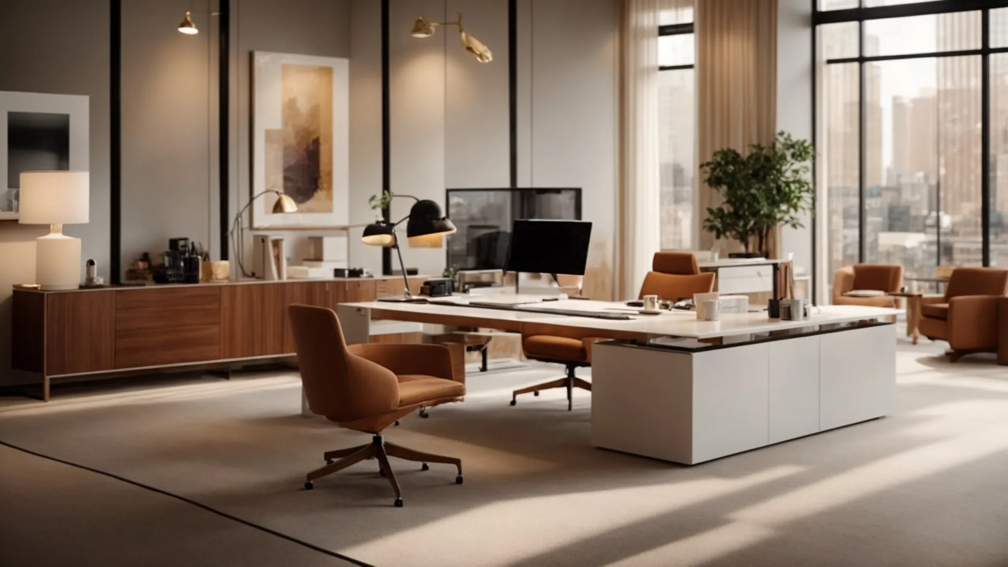 a serene office with elegant furniture and warm lighting exudes professionalism and expertise.