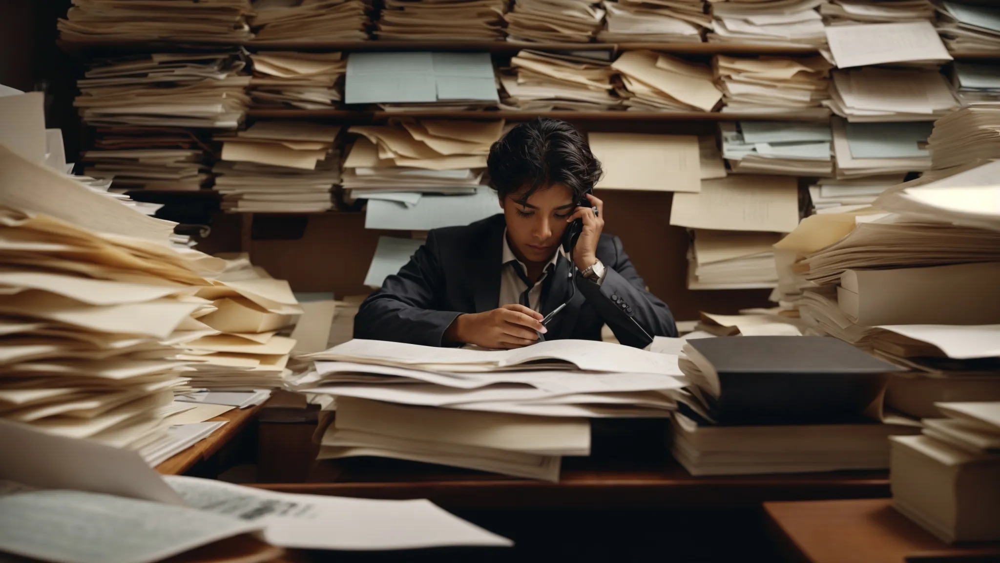 a worried person sits at a desk on the phone while surrounded by papers and a computer.