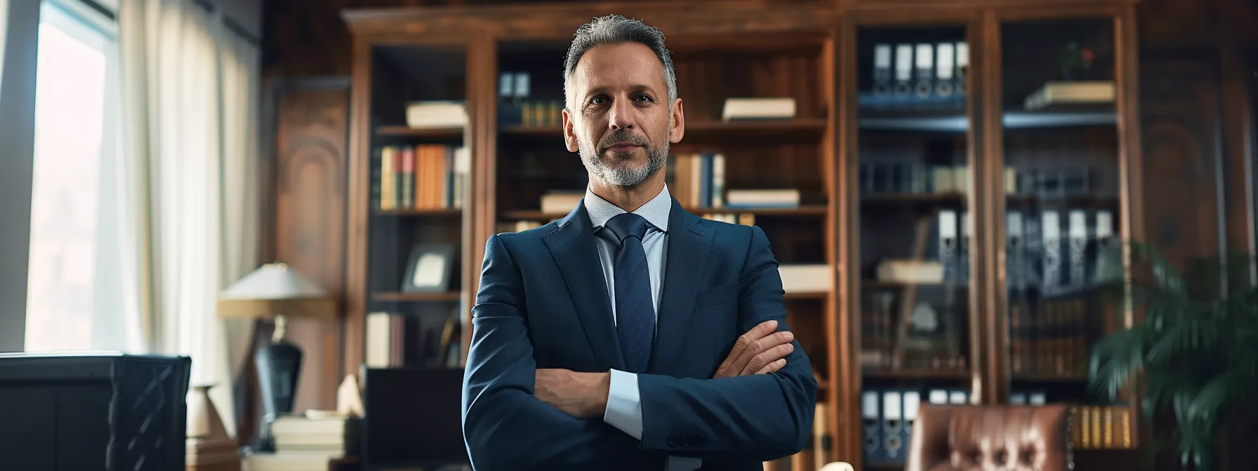 a confident attorney presents a well-prepared case in a bustling law office.