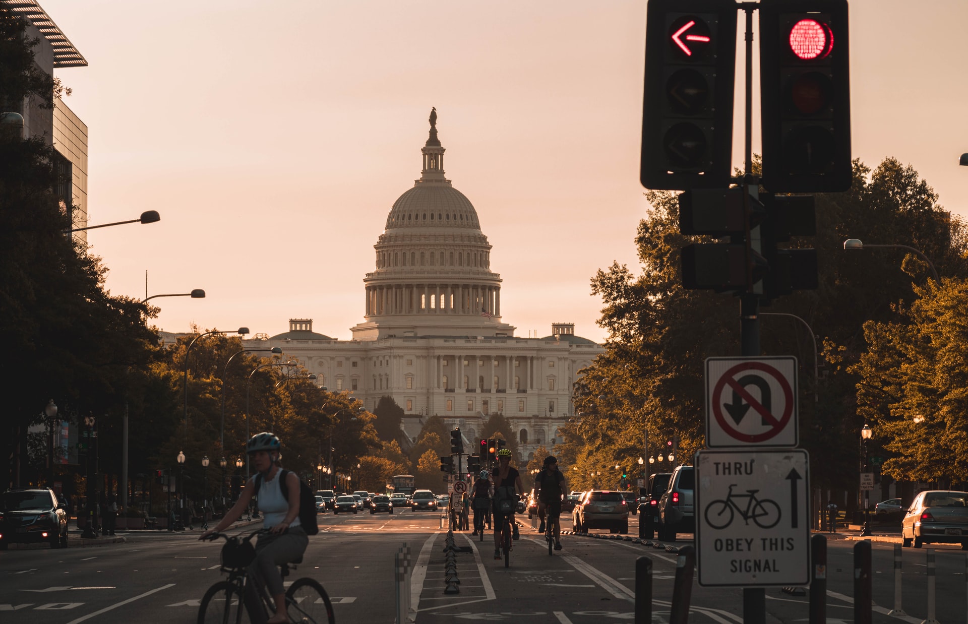 Washington D.C. cityscape with Capitol Building and traffic signal, illustrating a week in D.C.