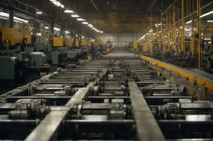 rows of industrial machinery operating in a well-lit factory floor.